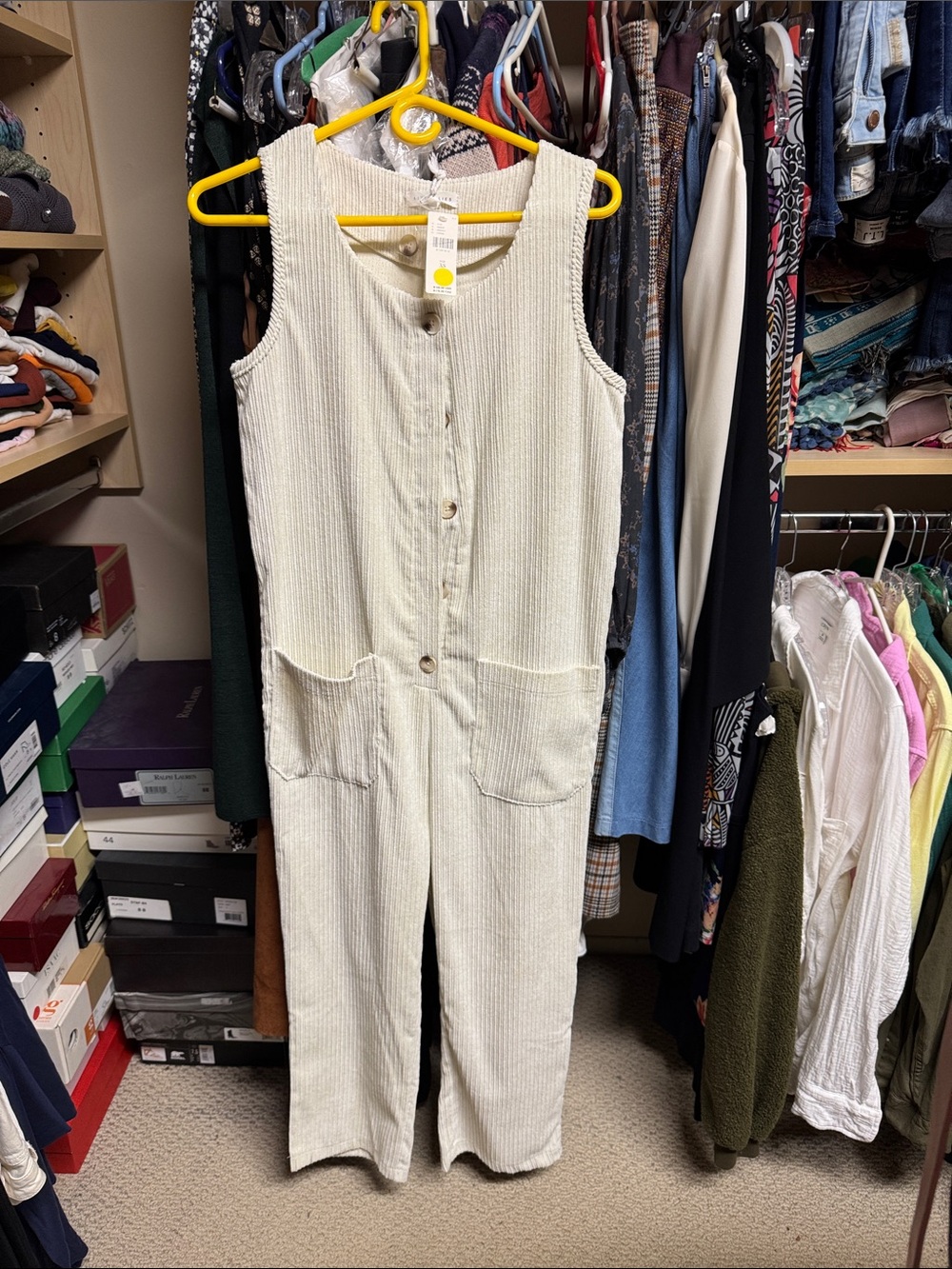 Sleeveless Cream Button-Front Corduroy Jumpsuit with Patch Pockets